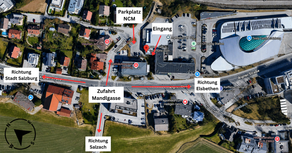 Gebäude der NCM Salzburg in der Aigner Straße 55a im Stadtteil Aigen auf Google Maps. Bilder © 2026 Google © Bilder © 2026 Airbus, Geoimage Austria, Kartendaten © 2026 Google