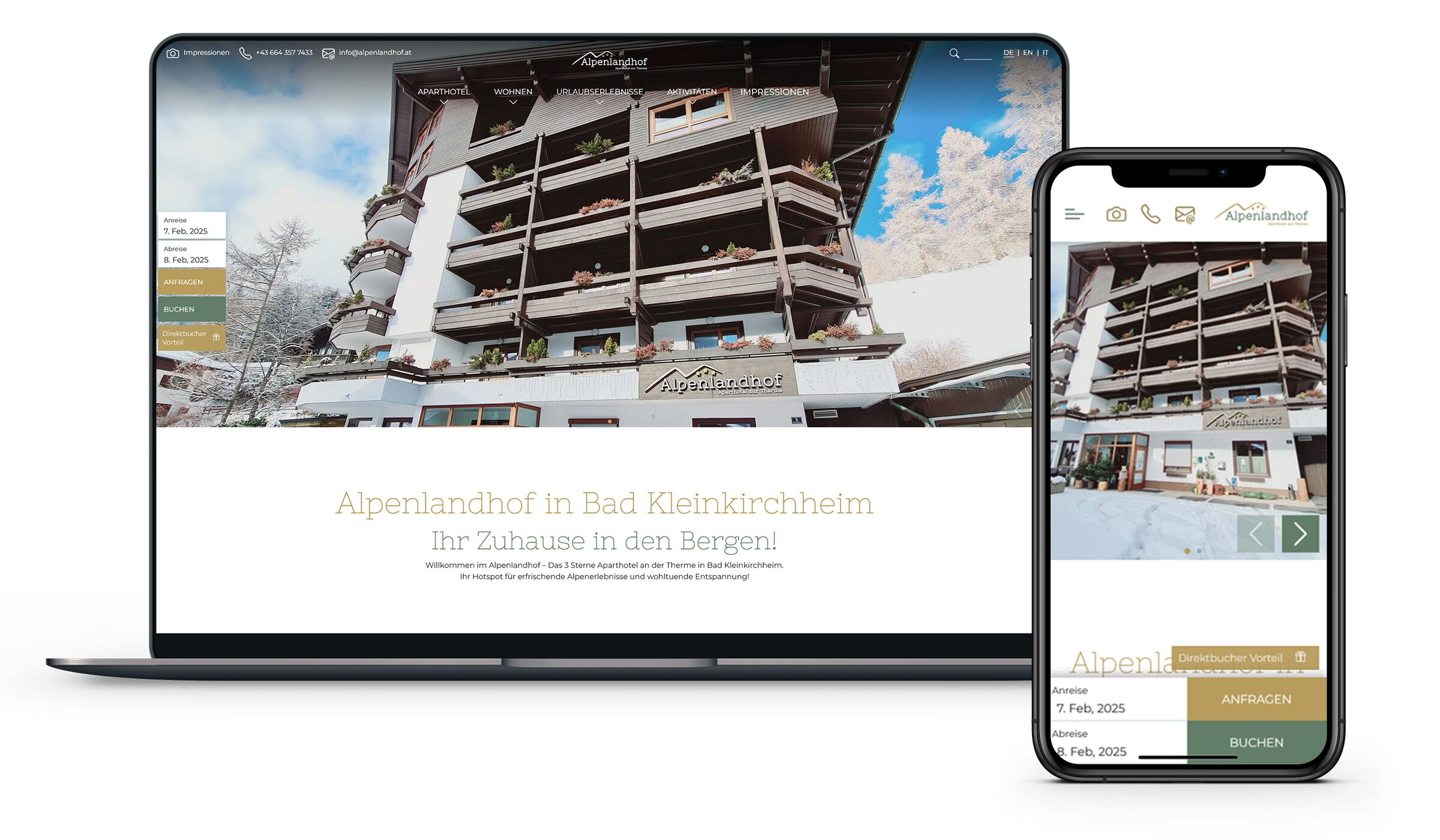 Mockup des Aparthotels Alpenlandhof für Desktop und Mobile