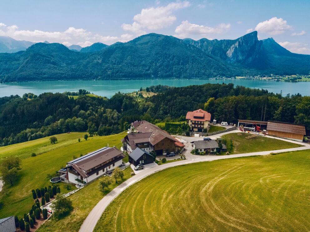 Panorama- Drohnenansicht über Mondseeblick