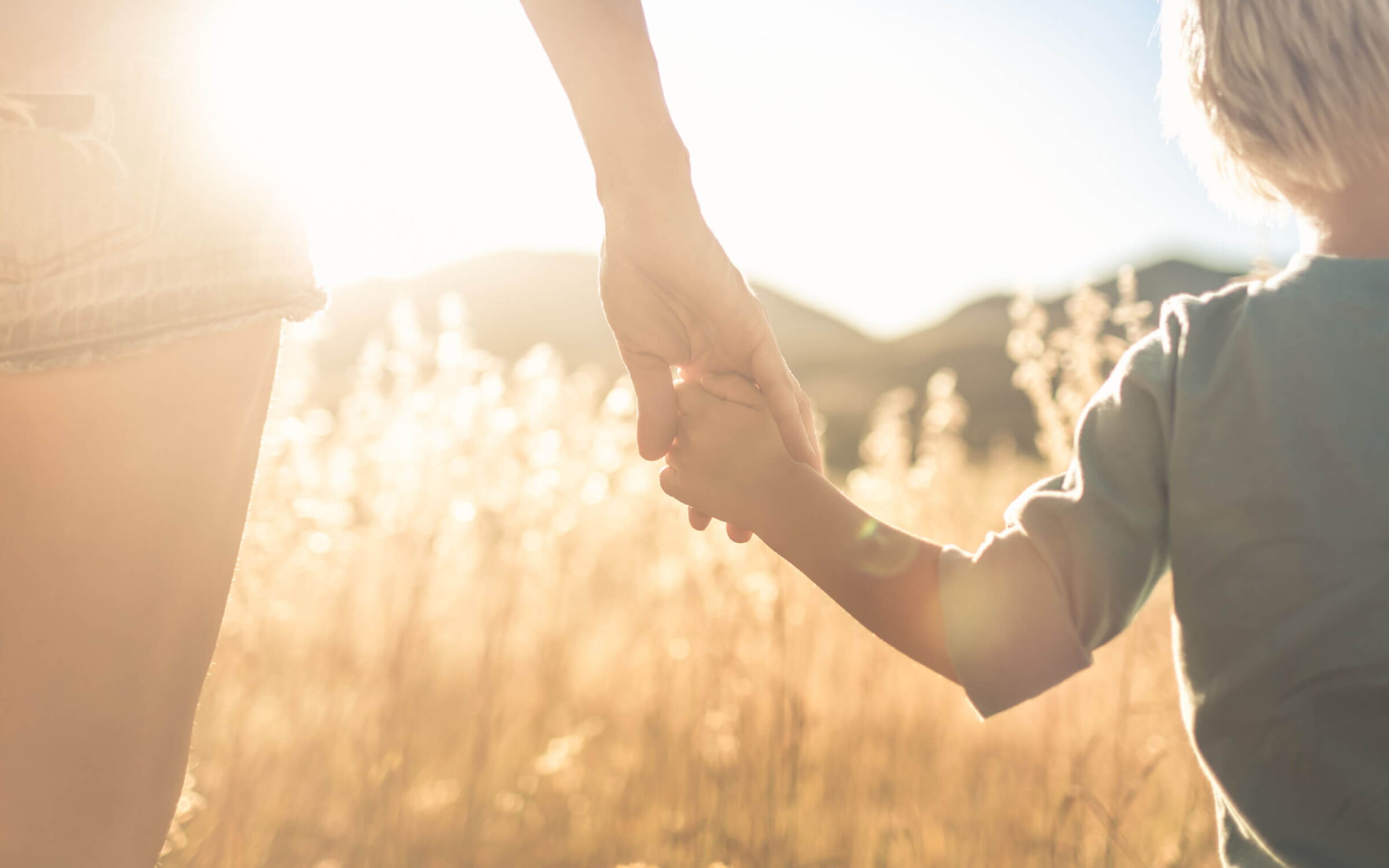 Kind händchenhaltend mit Mutter spazierend durch ein Feld