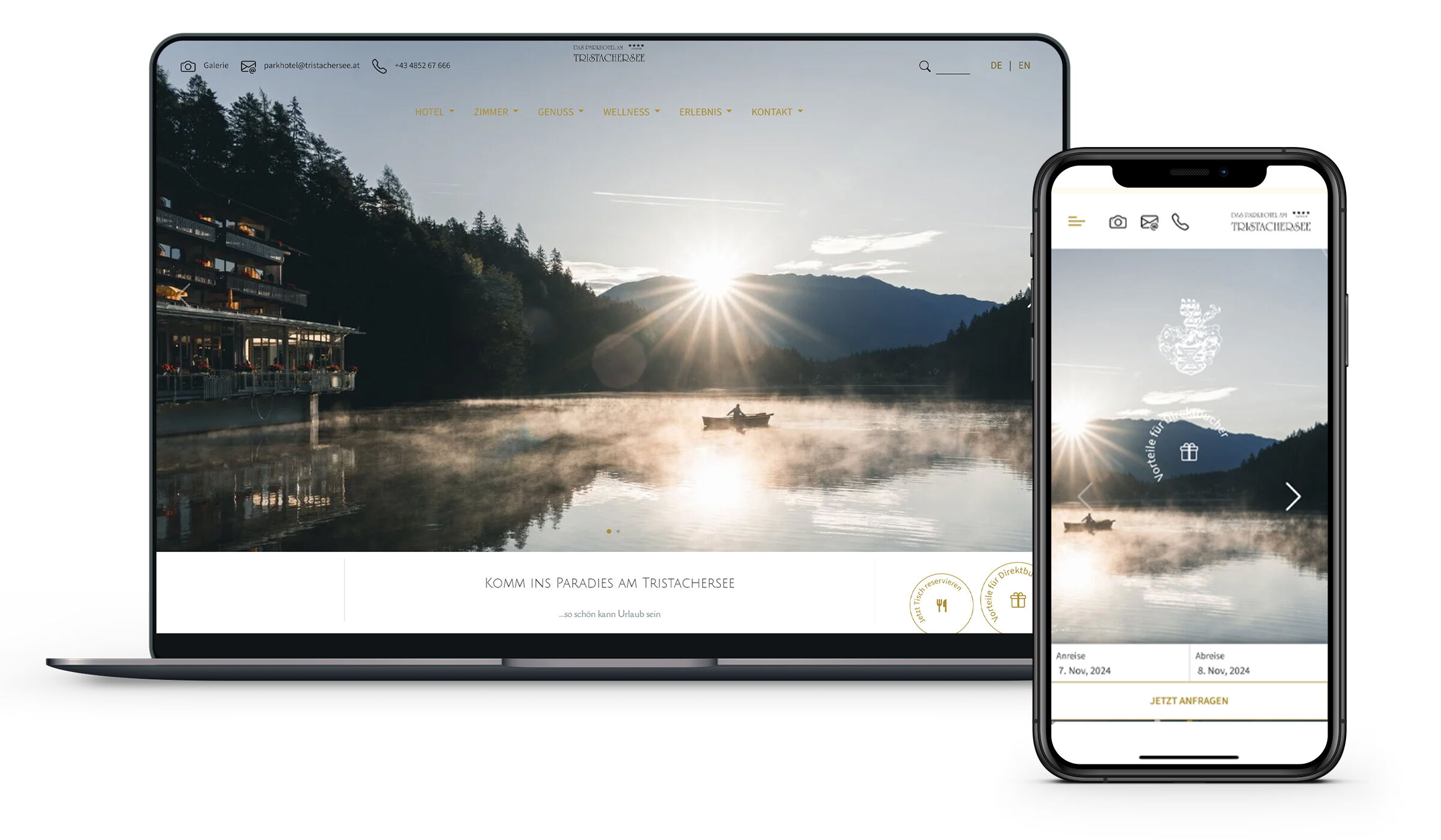Die Parkhotel Tristachersee Webseite auf Handy und Laptop