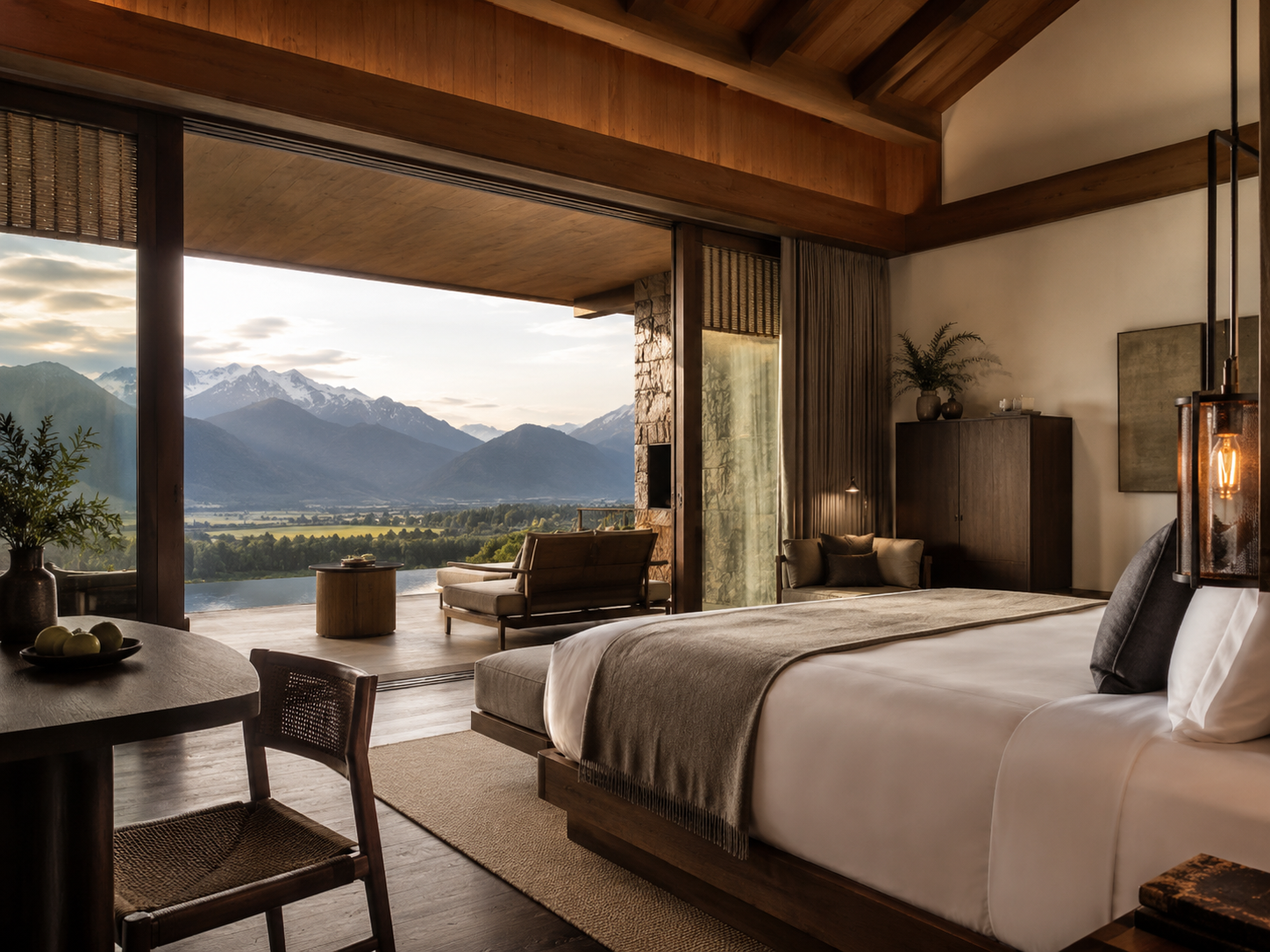 Hotelzimmer mit großem Panoramafenster, Holzeinrichtung, Doppelbett und Blick auf Berge und See.