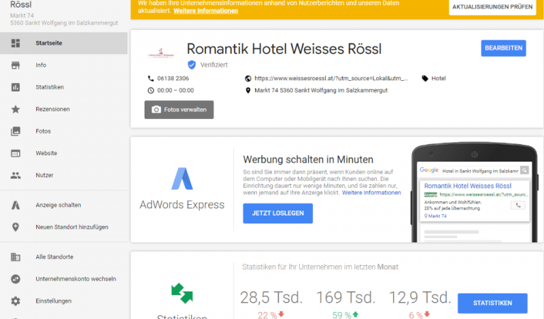 Ein Bild des Google My Business Dashboard vom Romantikhotel Weisses Rössl