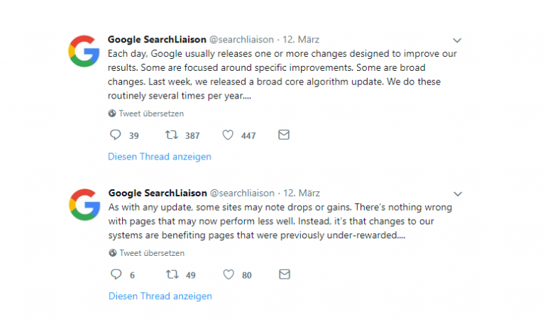 Tweets von Google zum Core Algorithmus Update