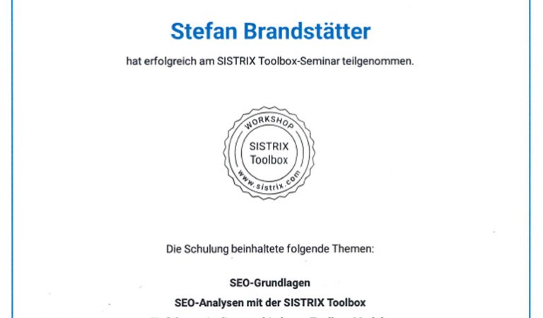 Sistrix Zertifikat: Erfolgreiche Teilnahme am Sistrix Toolbox-Seminar