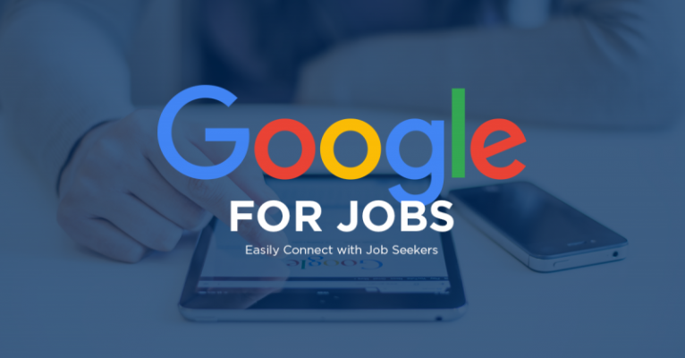 Eine Grafik von Google for Jobs mit dem bunten Google Logo und einem aktiven Internetnutzer im Hintergrund.